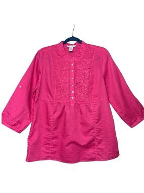 Lucy & Laurel Pink Embroidered Blouse Linen Cotton Sz M Roll Sleeve Tunic Shirt